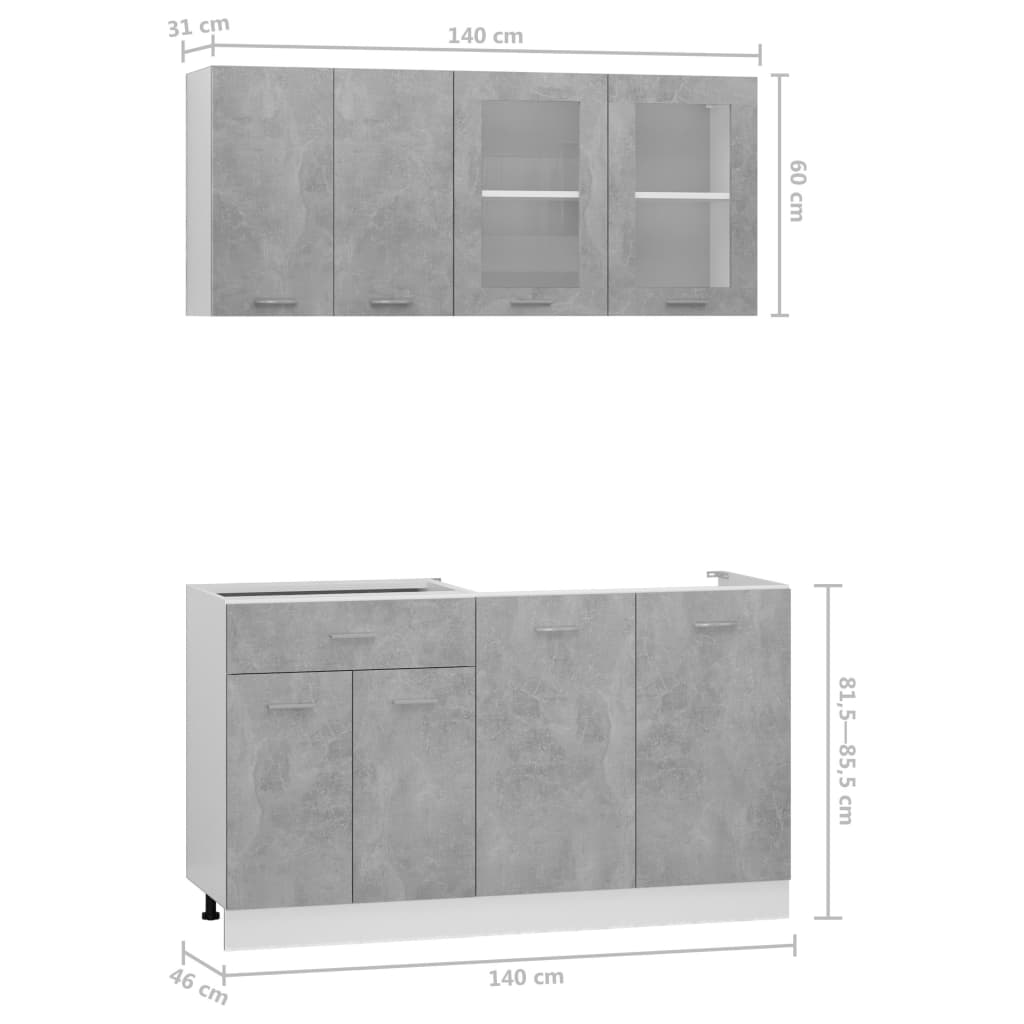 vidaXL 4-dielna súprava kuchynských skriniek betónovosivá drevotrieska