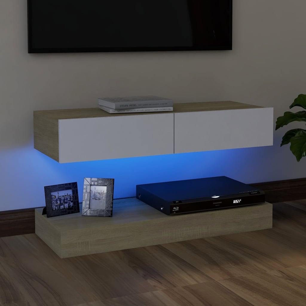 vidaXL TV skrinka s LED svetlami biela a dub sonoma 90x35 cm