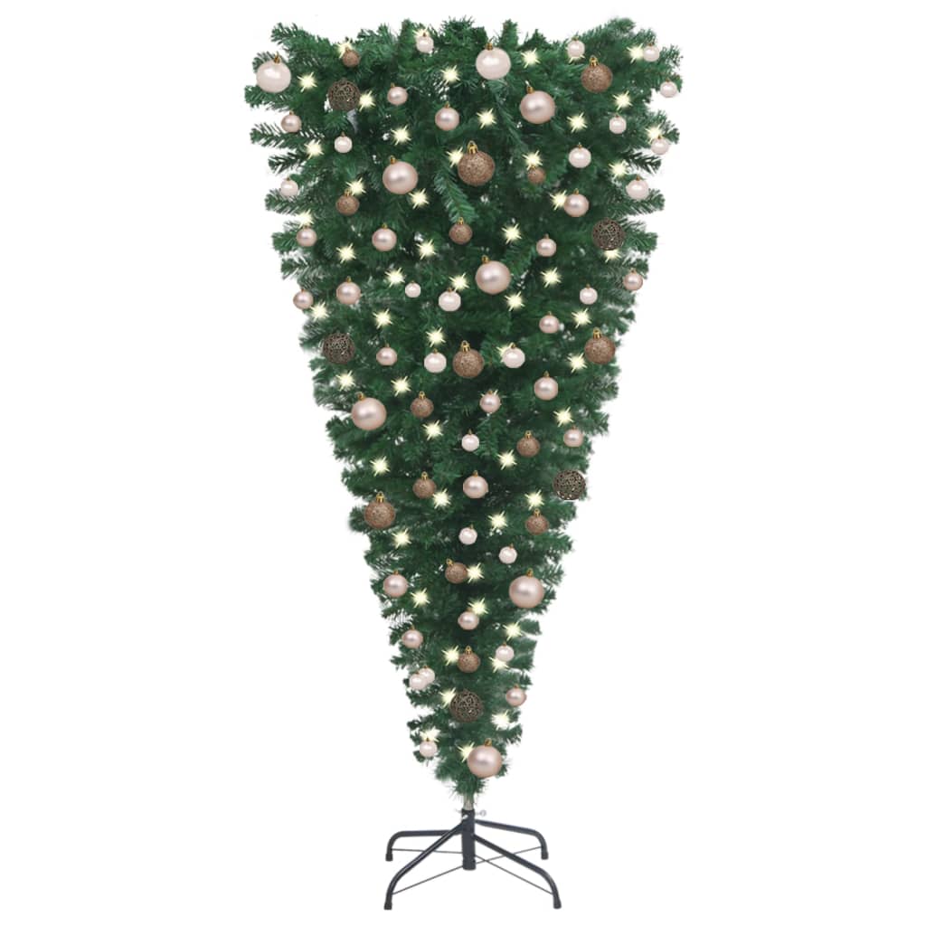 vidaXL Prevrátený osvetlený umelý vianočný stromček s guľami 210 cm