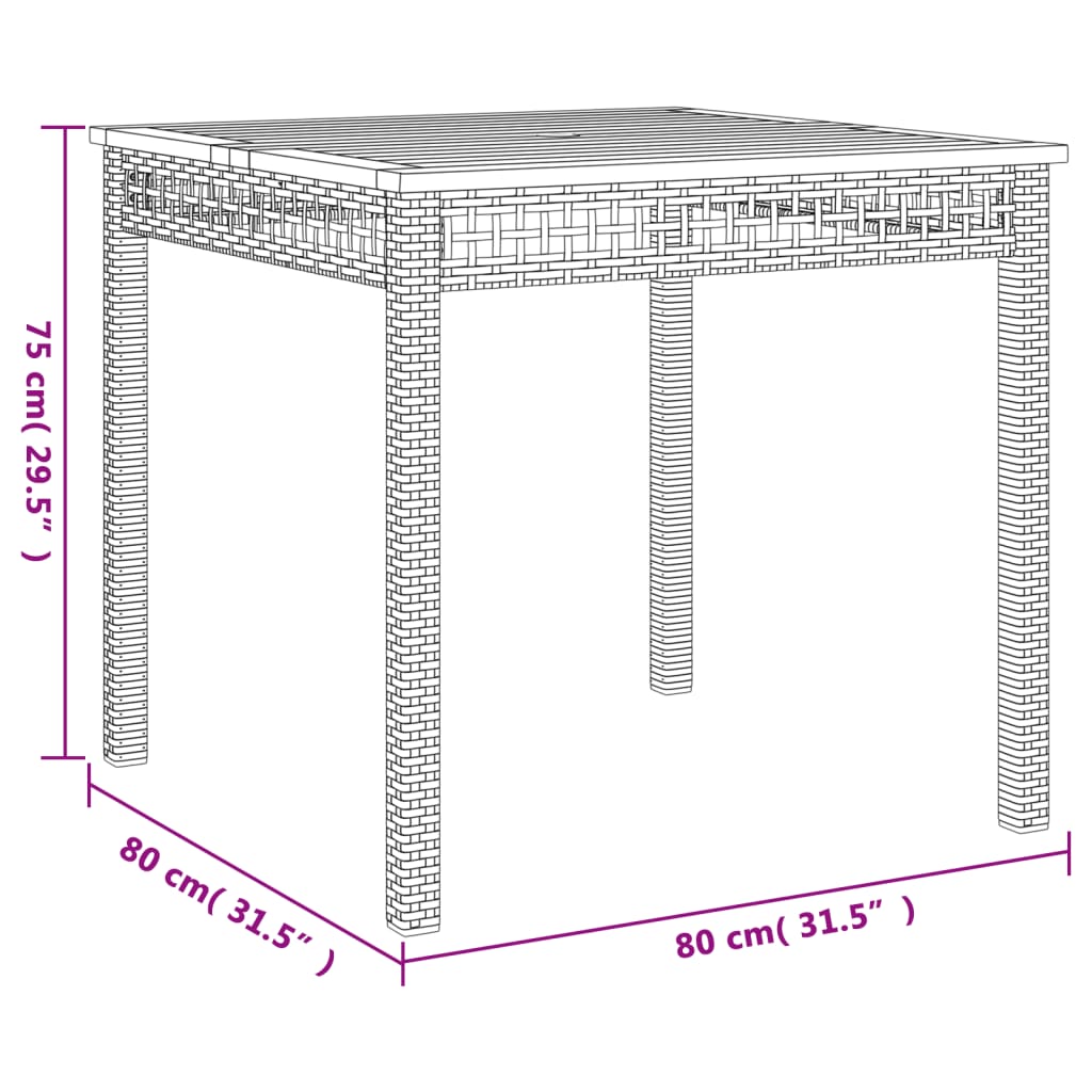 vidaXL Záhradný stôl čierny 80x80x75 cm polyratan akáciové drevo