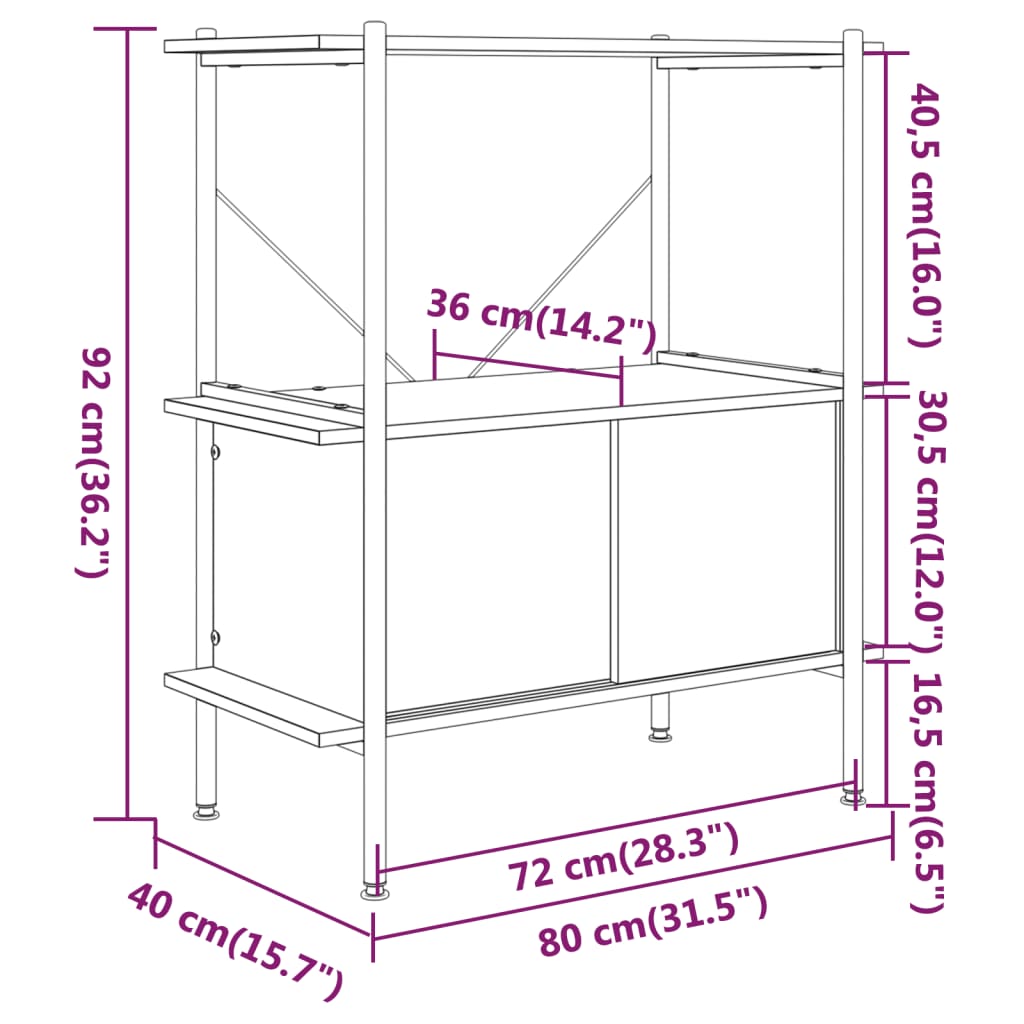 vidaXL 3-poschodová polica so skrinkou 80x40x92 cm oceľ a sprac. drevo