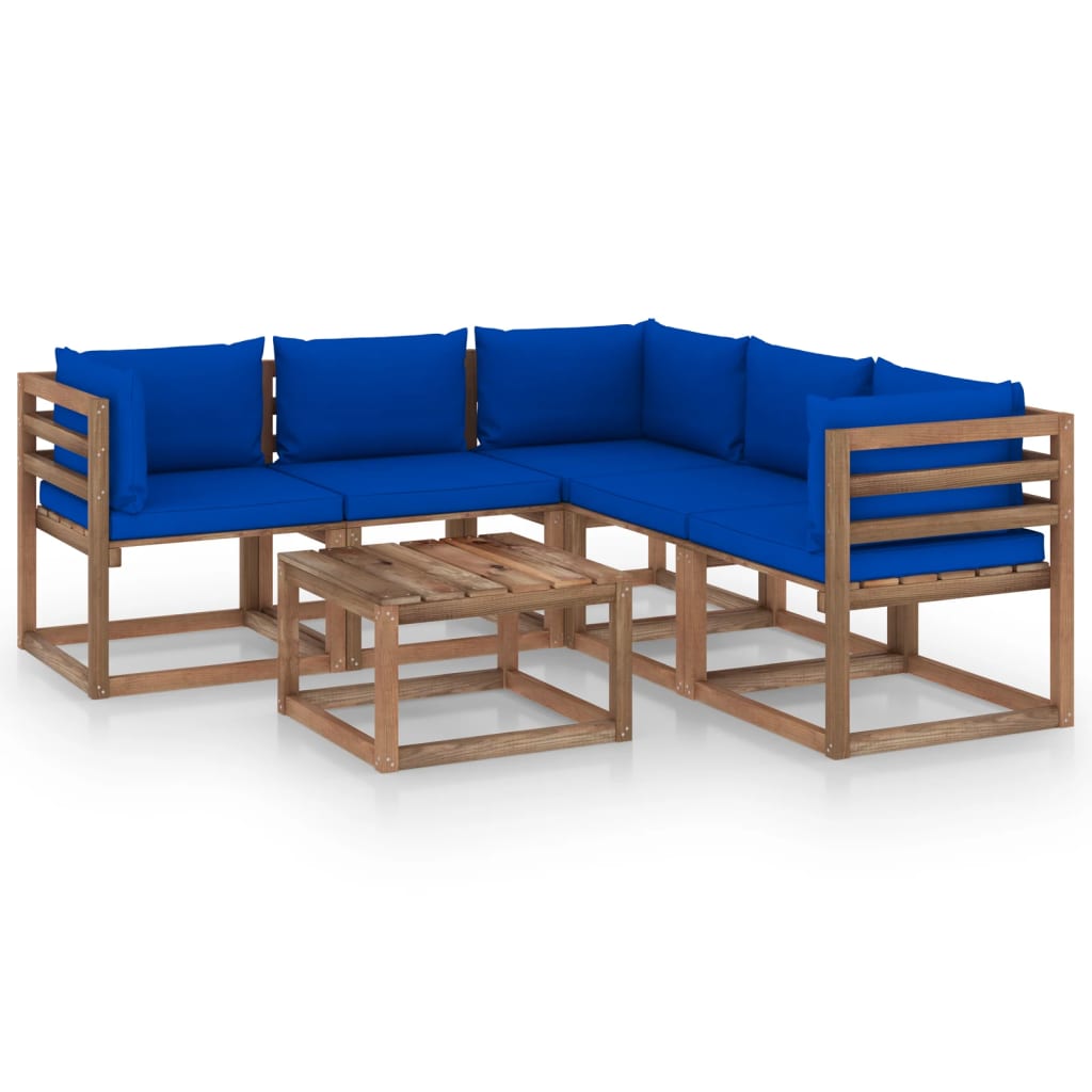 vidaXL 6-dielna záhradná sedacia súprava, modré podložky, borovica