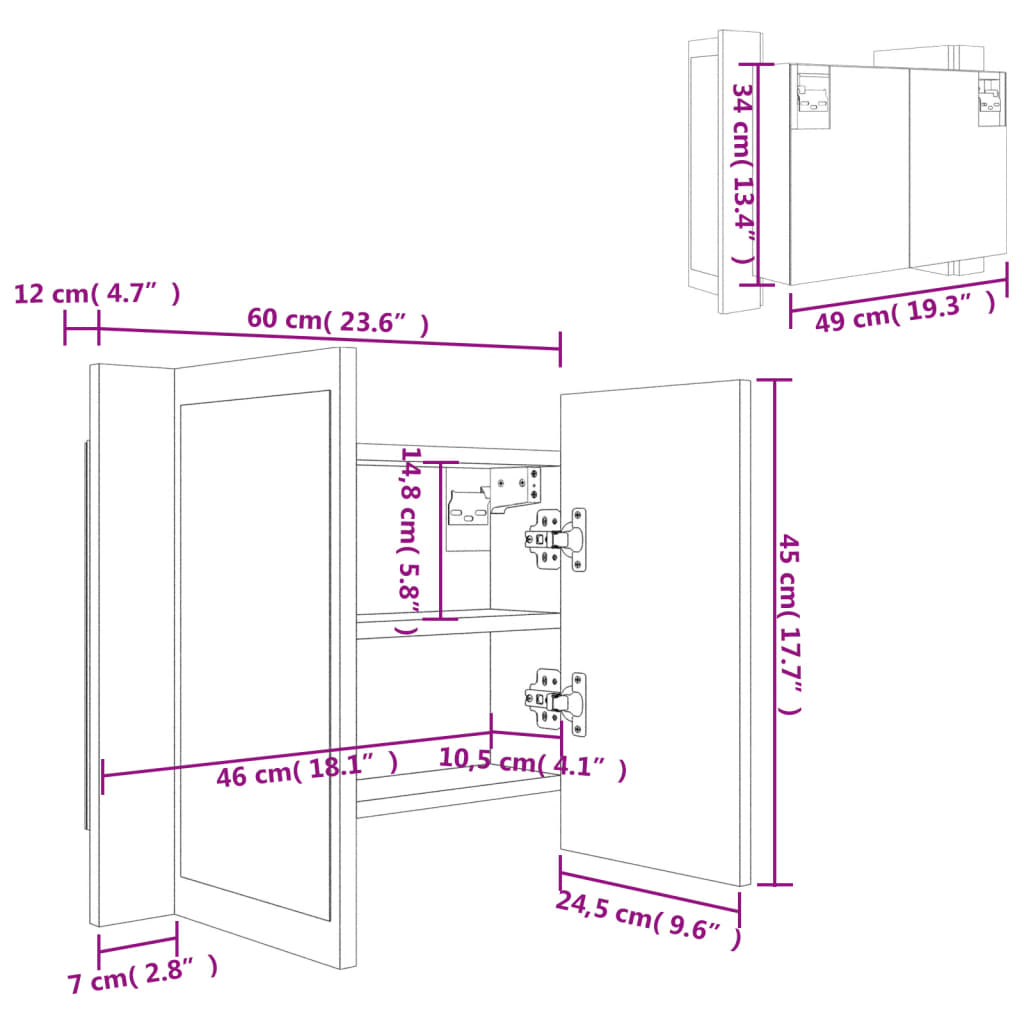 vidaXL LED kúpeľňová zrkadlová skrinka betónovosivá 60x12x45 cm