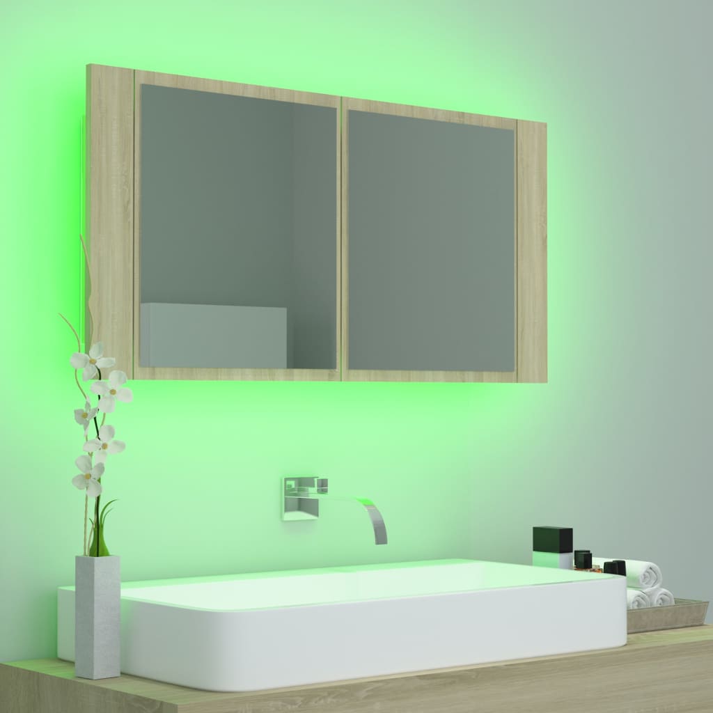 vidaXL LED kúpeľňová zrkadlová skrinka dub sonoma 90x12x45 cm akryl