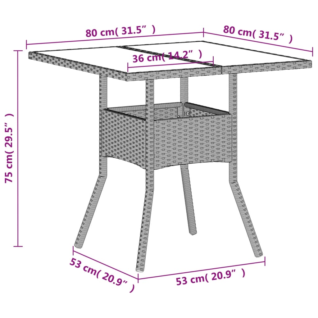 vidaXL Záhr. stôl so sklenenou doskou svetlosivý 80x80x75 cm polyratan