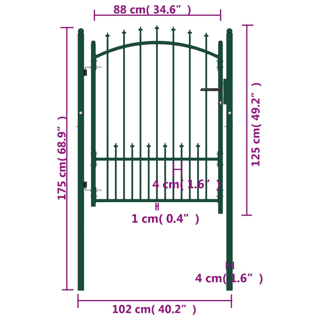 vidaXL Plotová brána s hrotmi oceľová 100x125 cm zelená