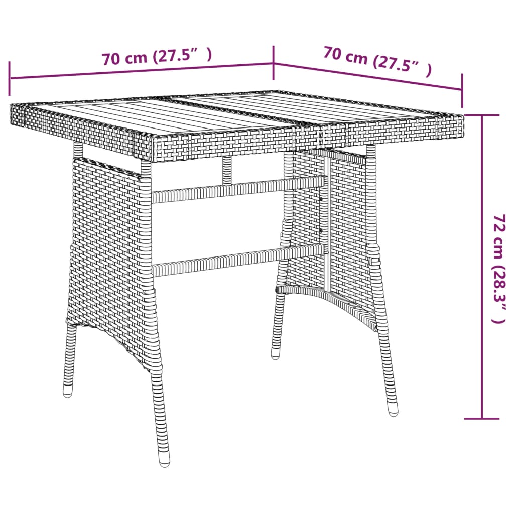 vidaXL Záhradný stôl sivý 70x70x72 cm polyratan a akáciový masív