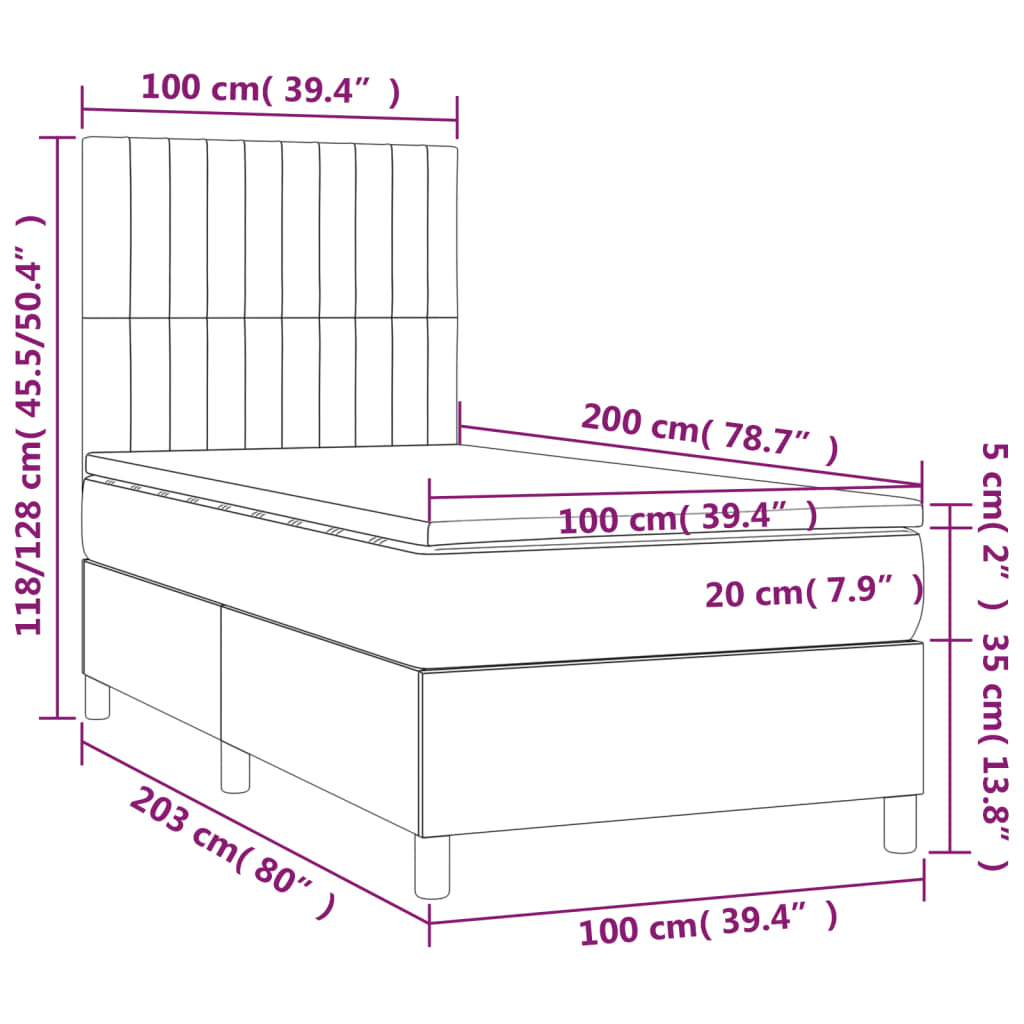 vidaXL Posteľ boxsping s matracom a LED tmavohnedá 100x200 cm látka