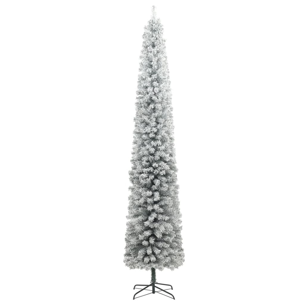 vidaXL Úzky vianočný stromček 300 LED, zasnežený s guľami 270 cm