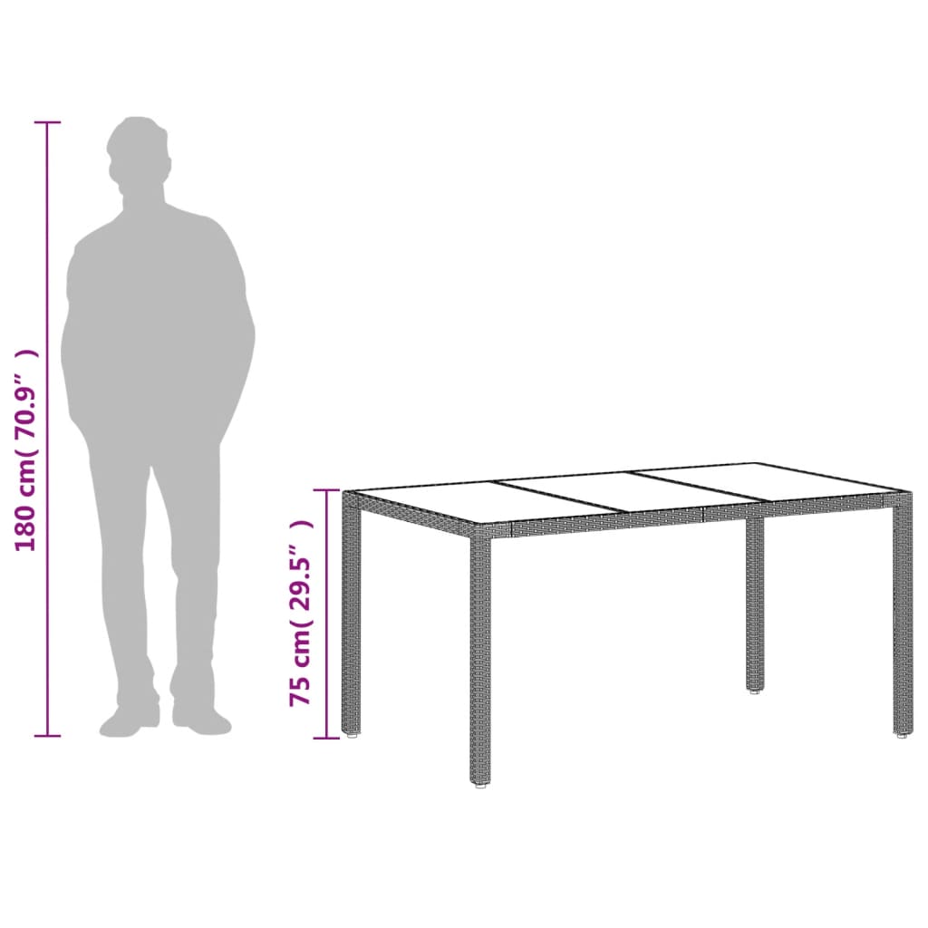 vidaXL Záhr.stôl so sklenenou doskou svetlosivý 150x90x75 cm polyratan