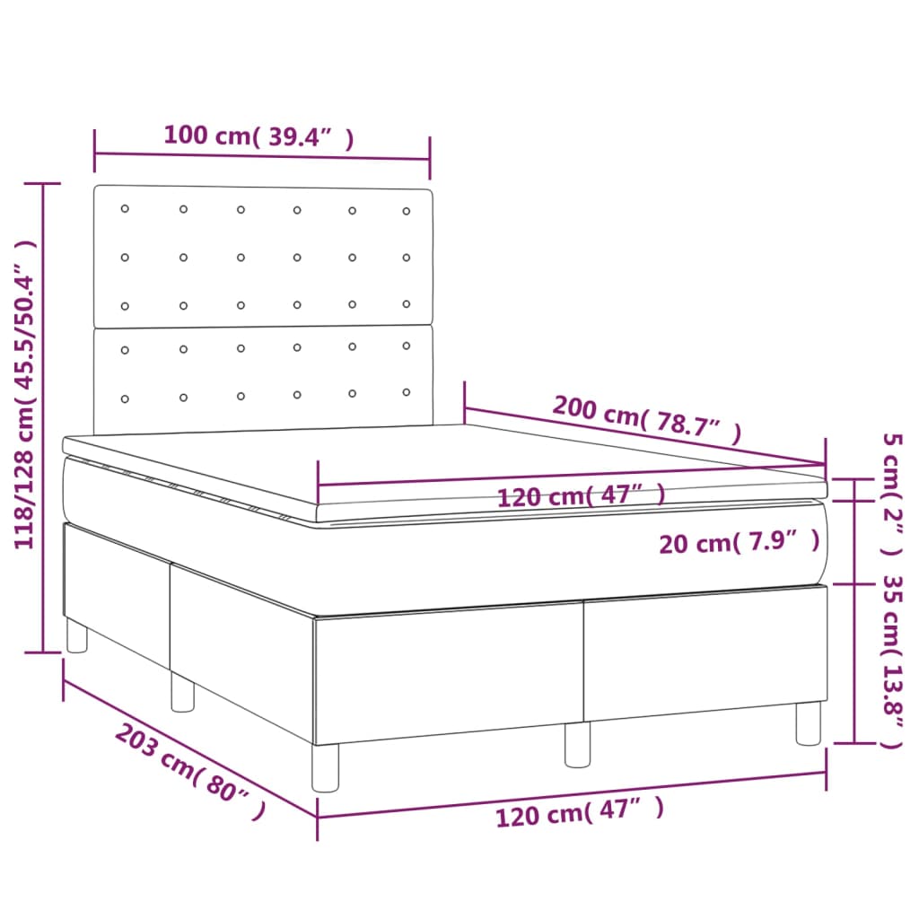 vidaXL Posteľ boxsping s matracom a LED tmavosivá 120x200 cm látka