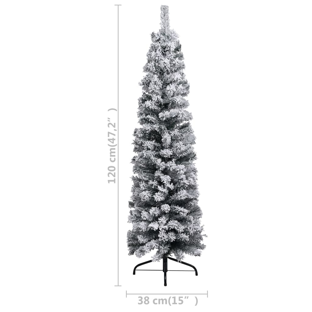 vidaXL Úzky osvetlený vianočný stromček+gule, zasnežený, zelený 120 cm