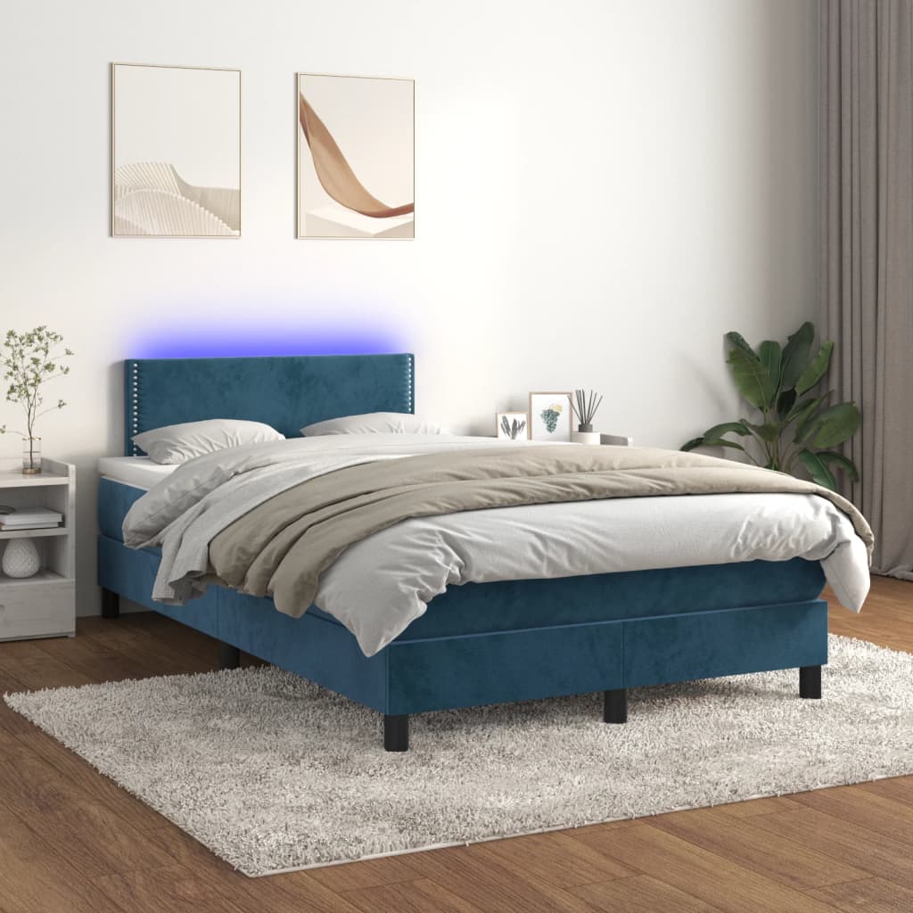 vidaXL Boxspring posteľ s matracom a LED, tmavomodrá 120x190 cm, zamat