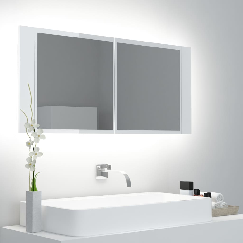 vidaXL LED kúpeľňová zrkadlová skrinka lesklá biela 100x12x45 cm akryl