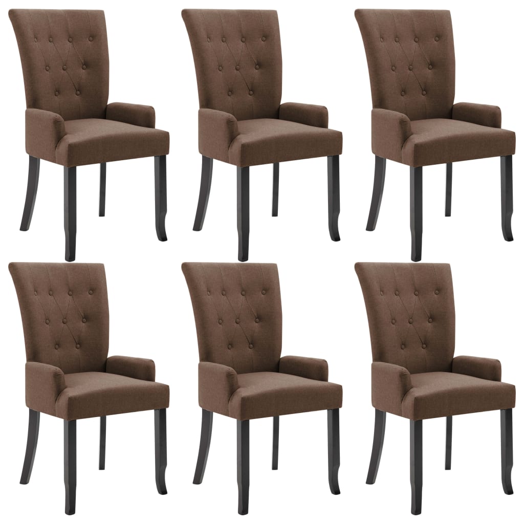 vidaXL Jedálenské stoličky s opierkami 6 ks, hnedé, látka