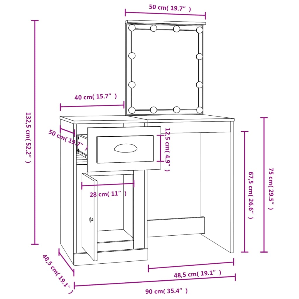 vidaXL Toaletný stolík s LED čierny 90x50x132,5 cm spracované drevo