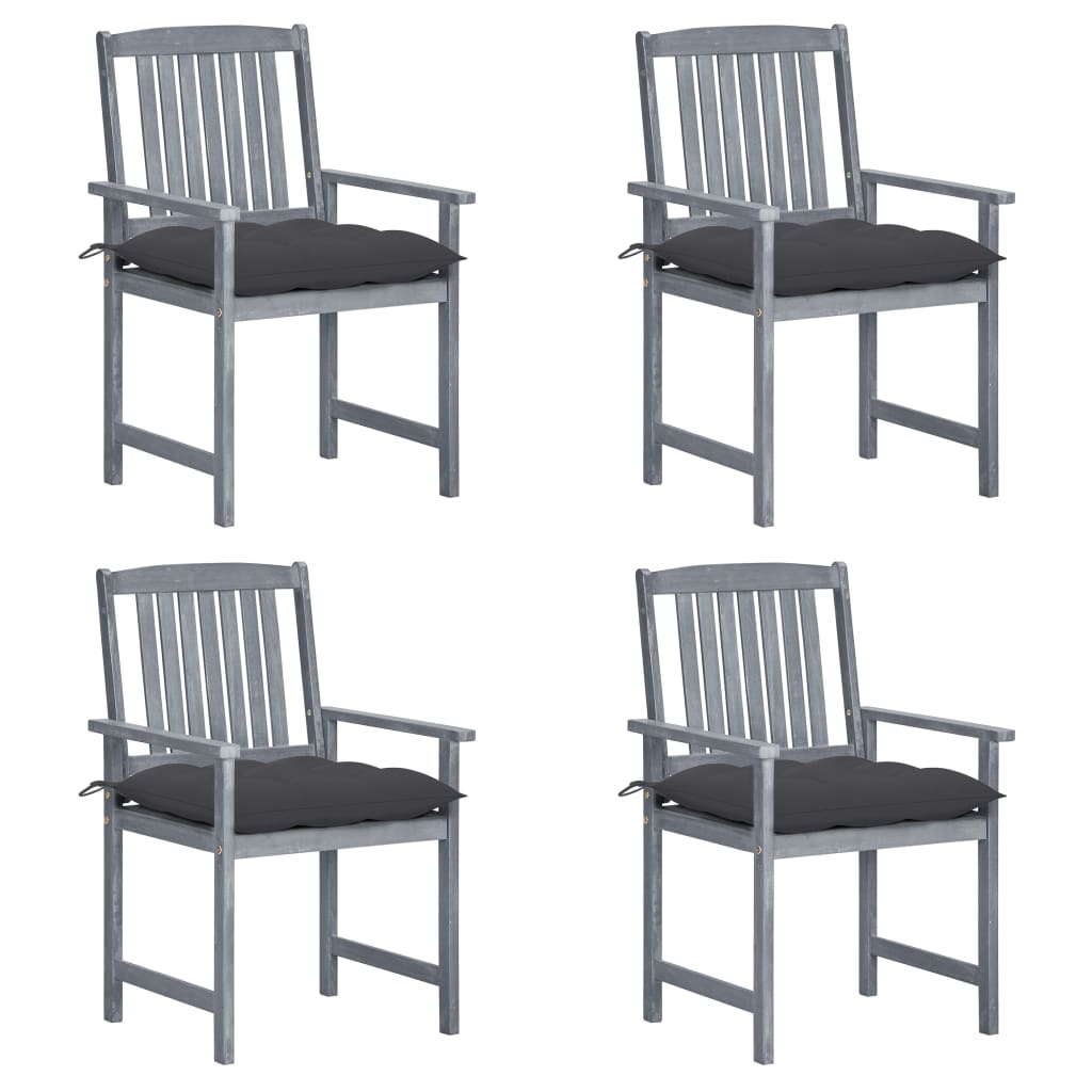 vidaXL Záhradné stoličky s podložkami 4 ks, sivé, akáciový masív