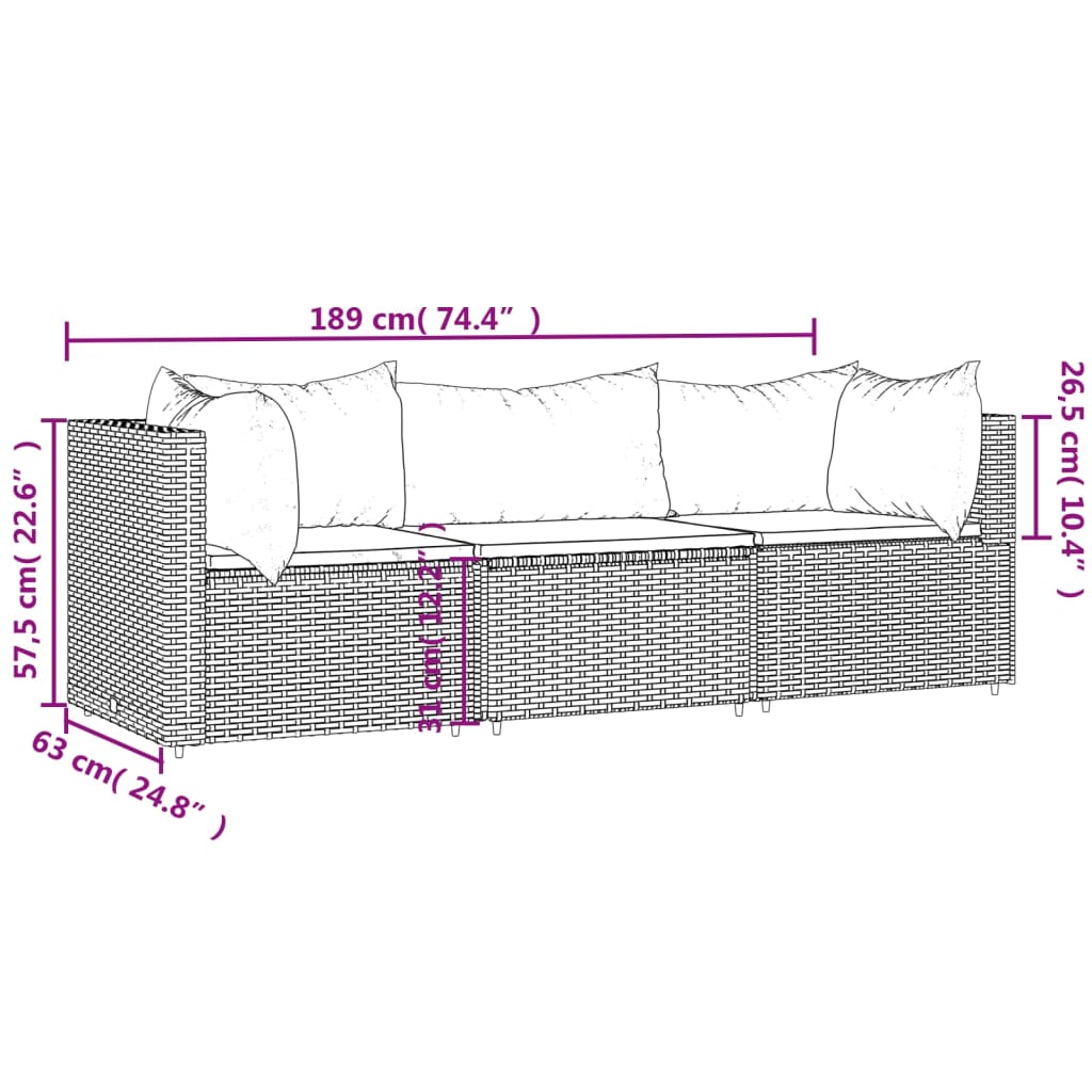 vidaXL 3-dielna záhradná sedacia súprava s podložkami sivá polyratan