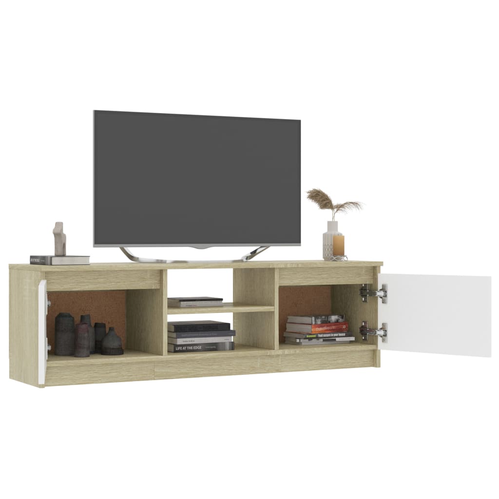 vidaXL TV skrinka, biela a dub sonoma 120x30x35,5 cm, drevotrieska