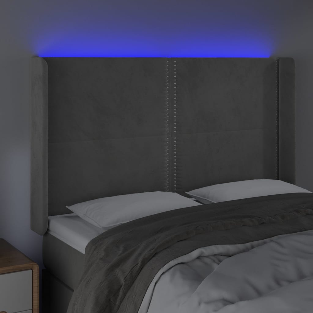 vidaXL Čelo postele s LED bledosivé 147x16x118/128 cm zamat