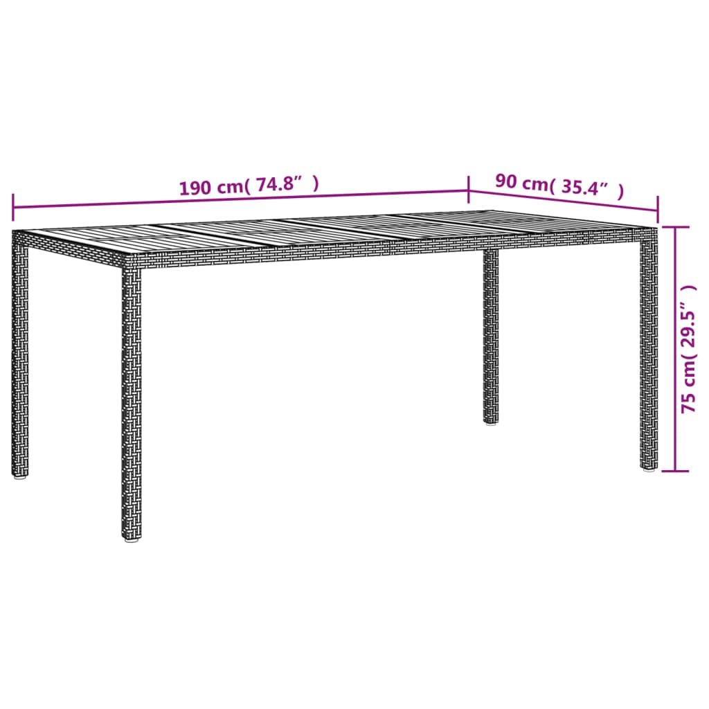 vidaXL Záhradný stôl 190x90x75 cm polyratan a akáciové drevo čierny