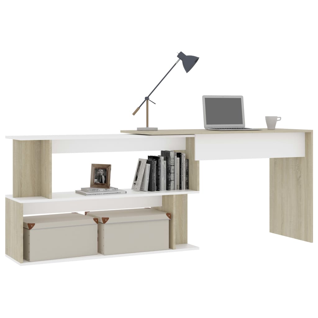 vidaXL Rohový stôl, biela a dub sonoma 200x50x76 cm, kompozitné drevo