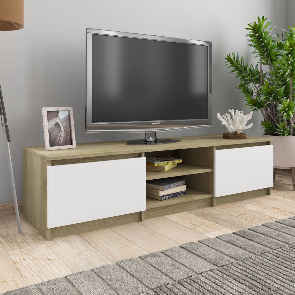 vidaXL TV skrinka, biela a dub sonoma 140x40x35,5 cm, drevotrieska