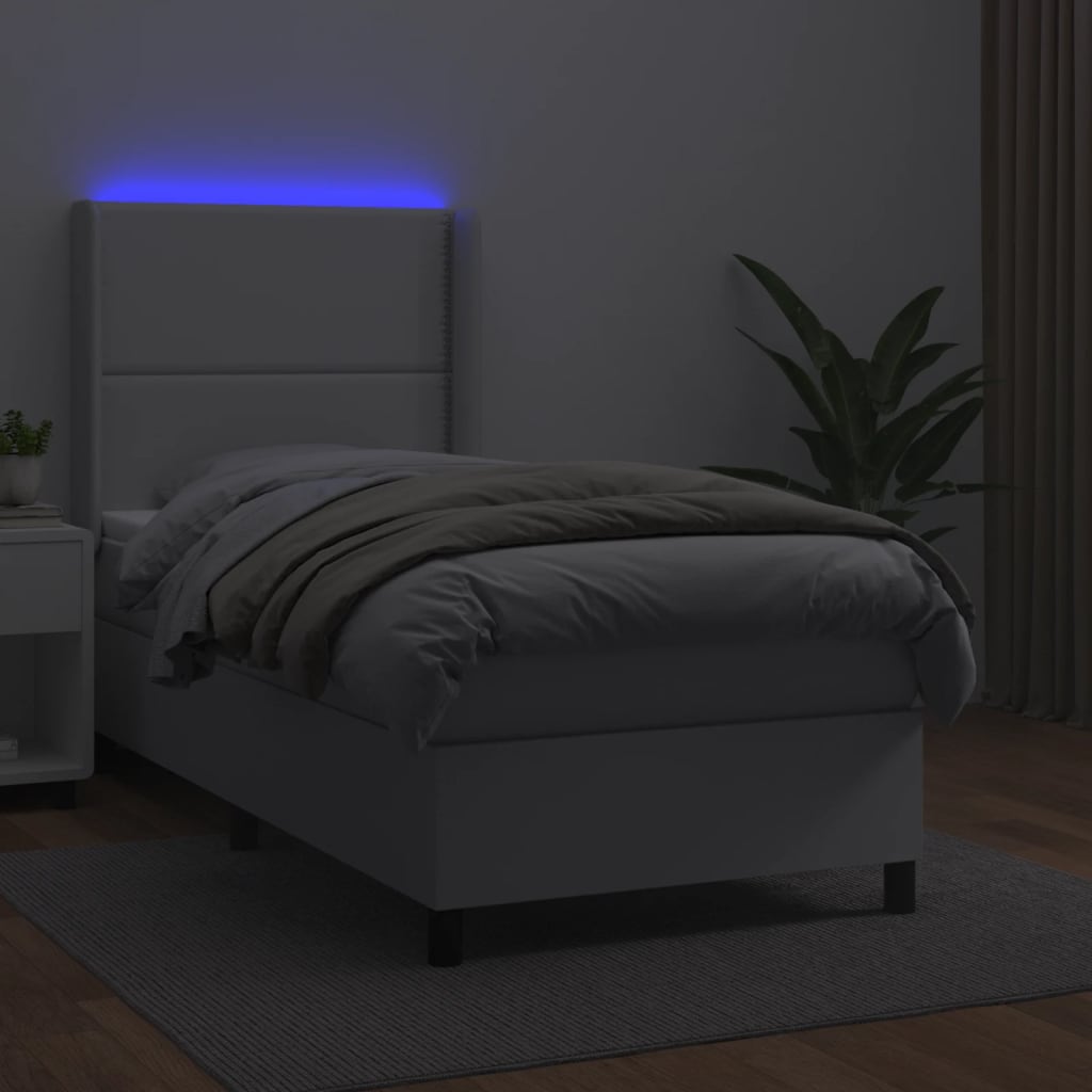 vidaXL Boxspring posteľ s matracom a LED biela 90x200 cm umelá koža