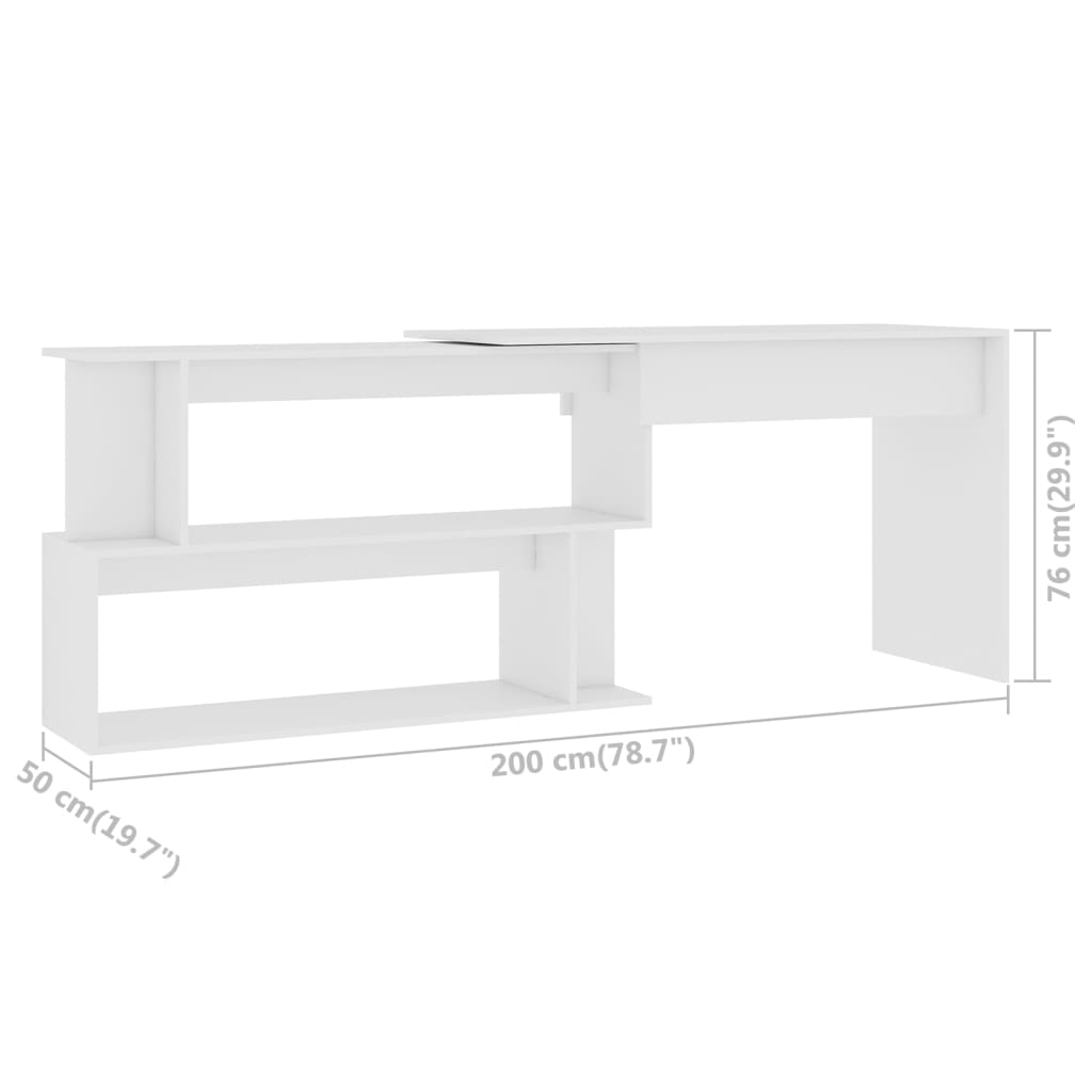 vidaXL Rohový stôl, biely 200x50x76 cm, drevotrieska