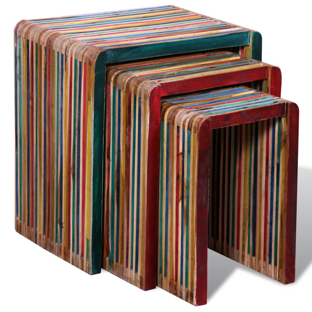 vidaXL Stohovateľné stolíky, 3 kusy, farebné, recyklované tíkové drevo