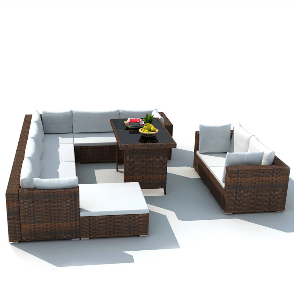vidaXL 10-dielna záhradná sedacia súprava+podložky, polyratan, hnedá