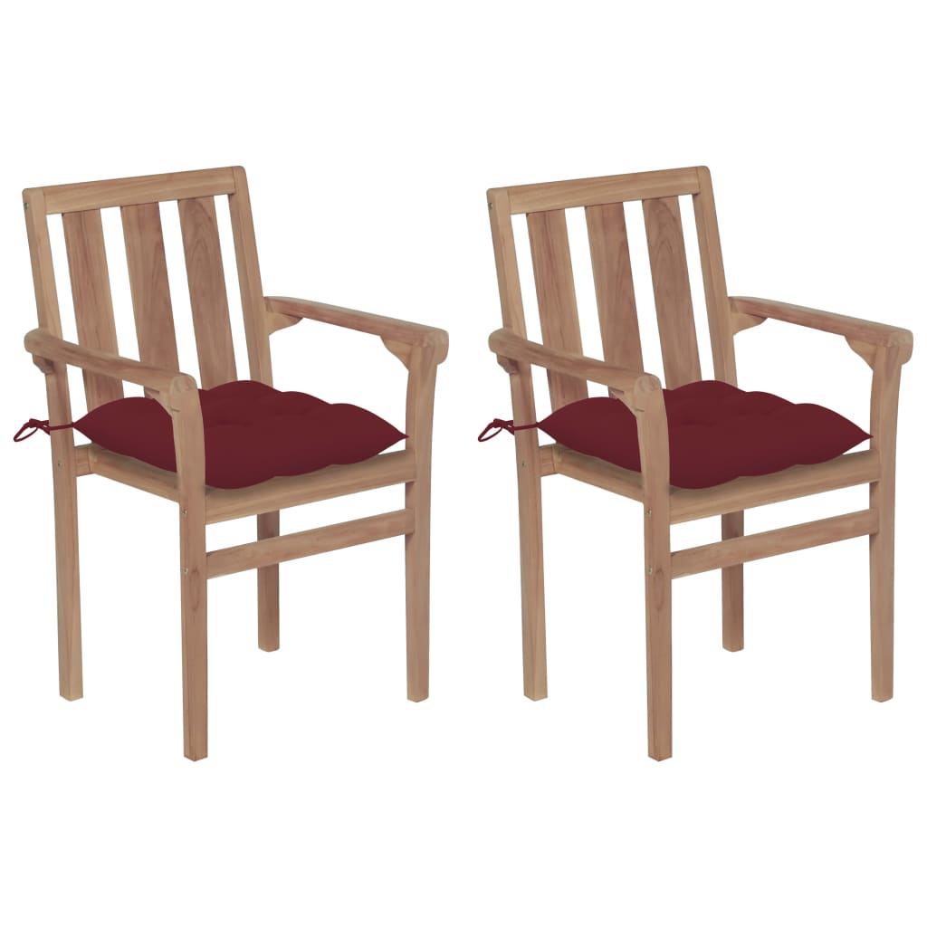 vidaXL Záhradné stoličky 2 ks, vínovo červené podložky, tíkový masív