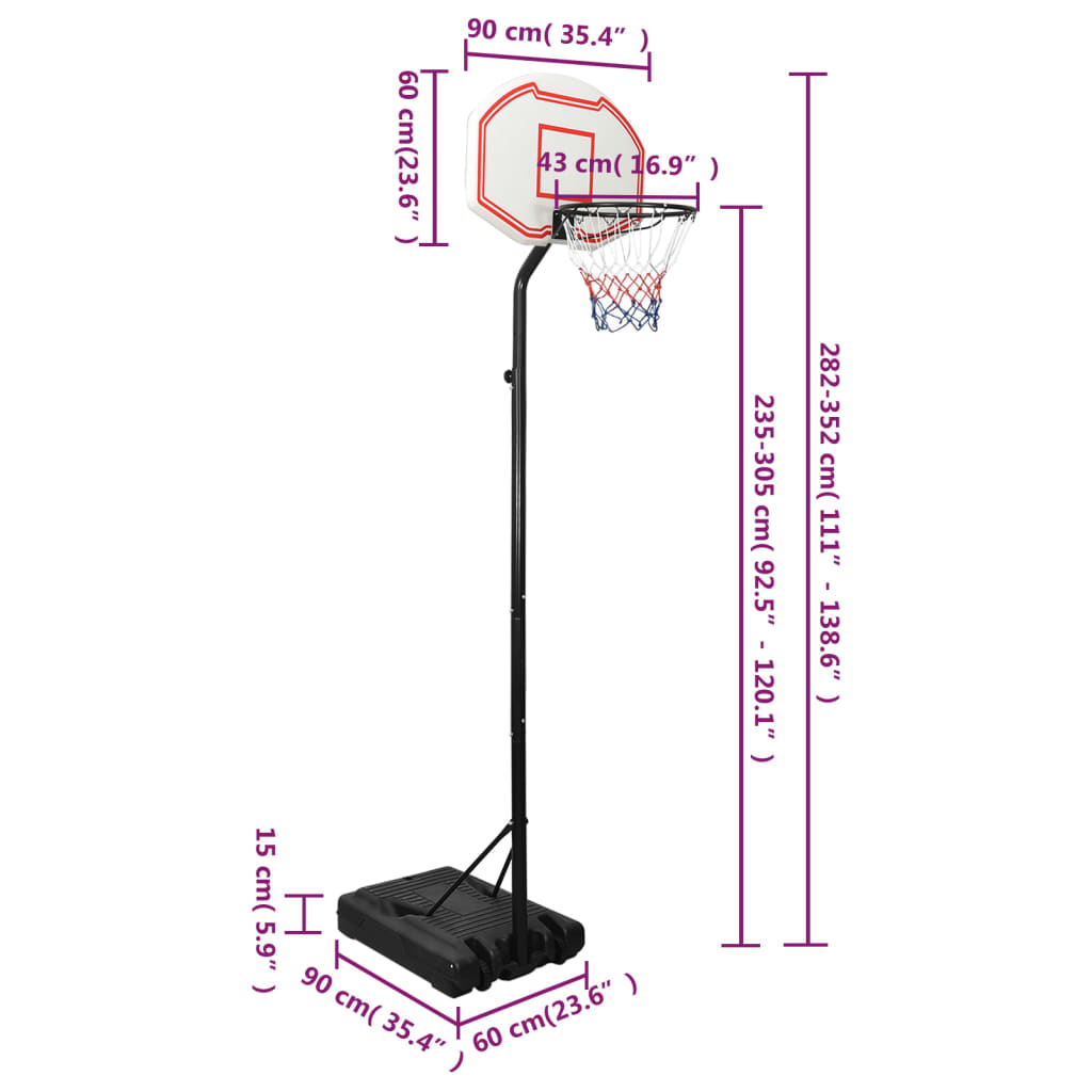 vidaXL Basketbalový stojan biely 282-352 cm polyetén