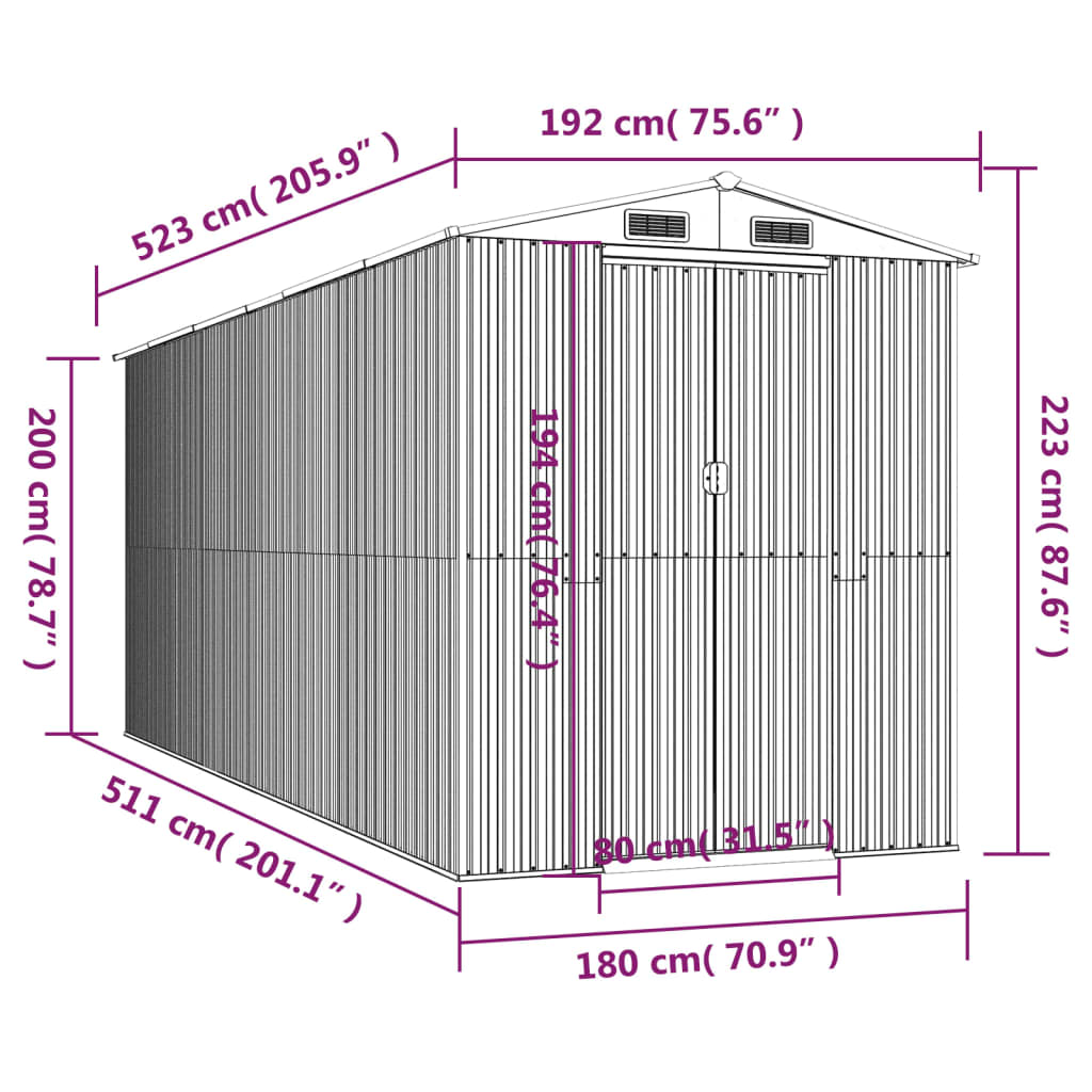 vidaXL Záhradná kôlňa bledosivá 192x523x223 cm pozinkovaná oceľ