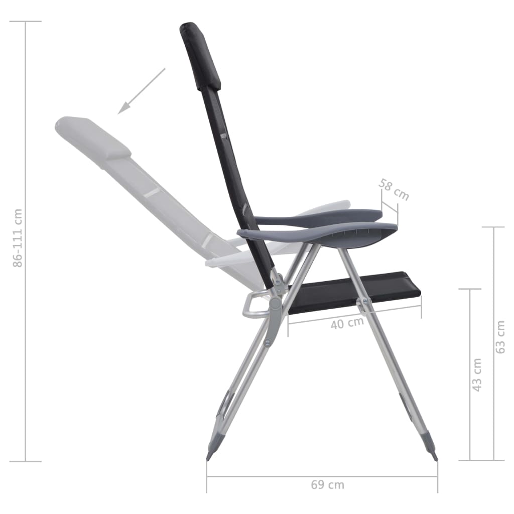 vidaXL Kempingové stoličky 2 ks čierne 58x69x111 cm hliníkové