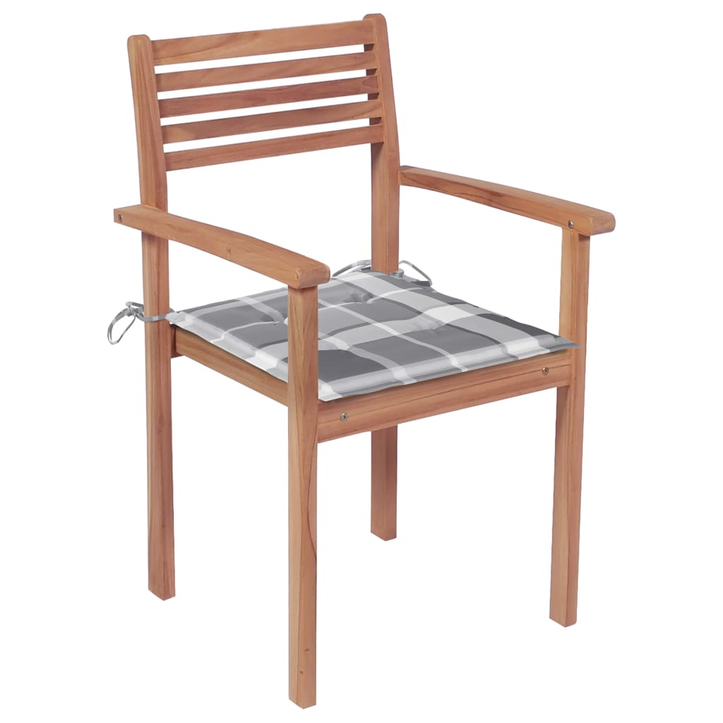 vidaXL Záhradné stoličky 4 ks, sivé kockované podložky, tíkový masív