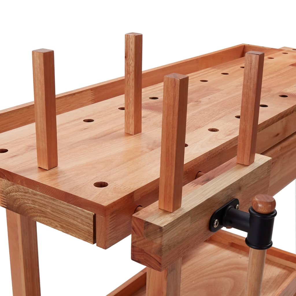 vidaXL Stolársky stôl so zásuvkou a 2 zverákmi tvrdé drevo