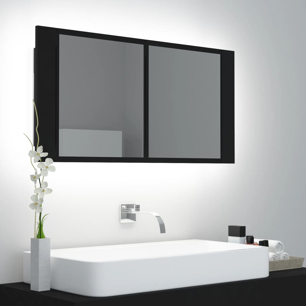 vidaXL LED kúpeľňová zrkadlová skrinka čierna 90x12x45 cm akryl