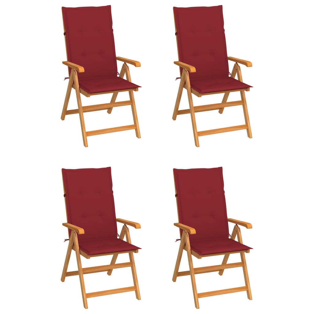 vidaXL Záhradné stoličky 4 ks, vínovo červené podložky, tíkový masív
