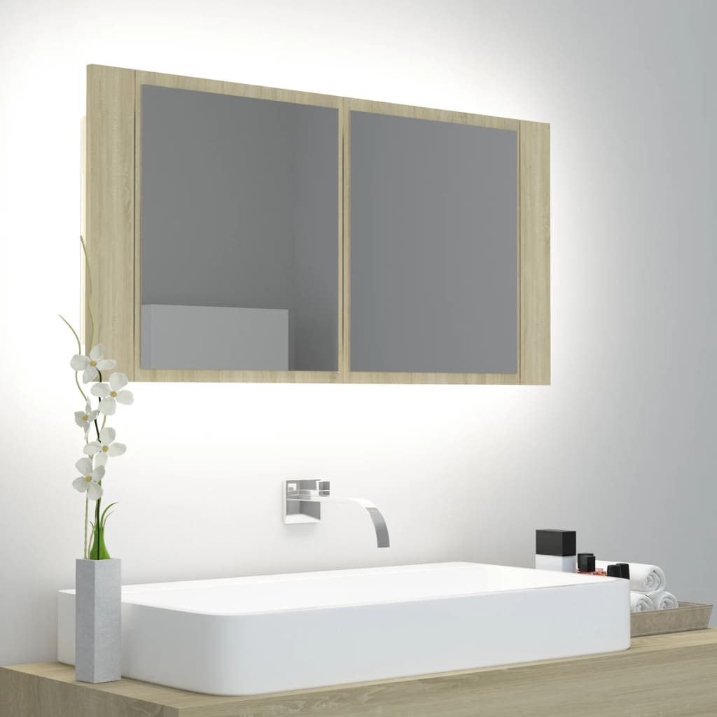 vidaXL LED kúpeľňová zrkadlová skrinka dub sonoma 90x12x45 cm akryl