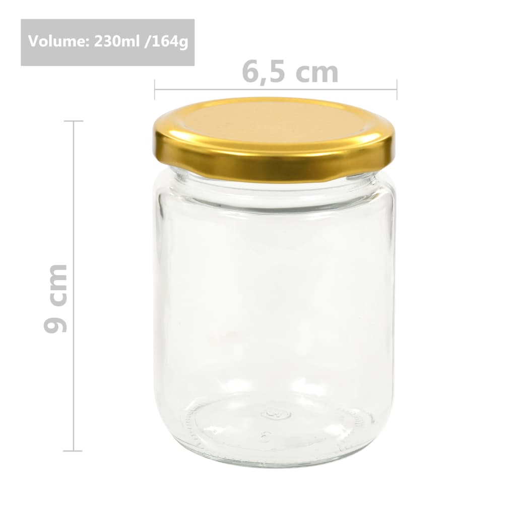 vidaXL Zaváracie poháre so zlatými viečkami 96 ks 230 ml sklo