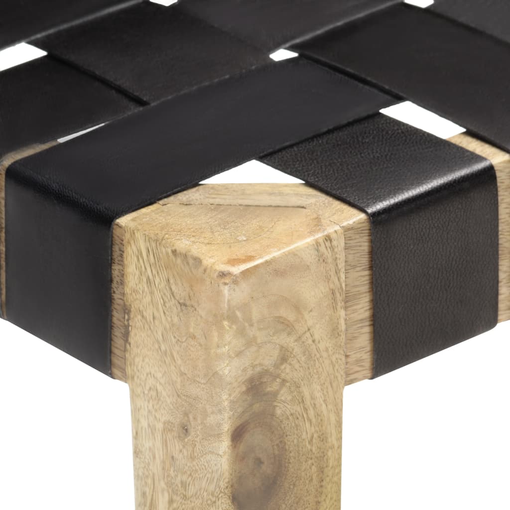 vidaXL Lavička 110 cm čierna pravá koža a masívne mangovníkové drevo