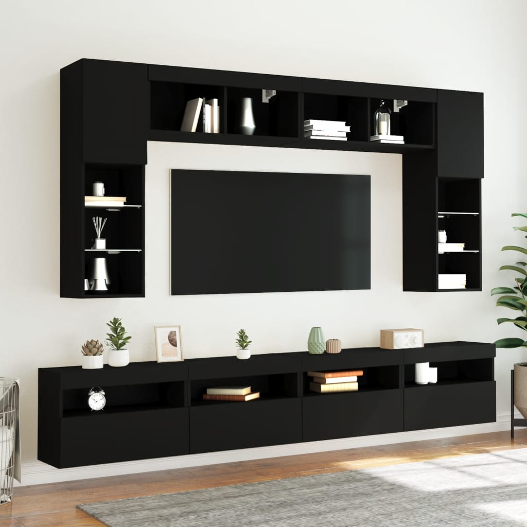vidaXL 8-dielna súprava TV nástenných skriniek s LED svetlami čierna