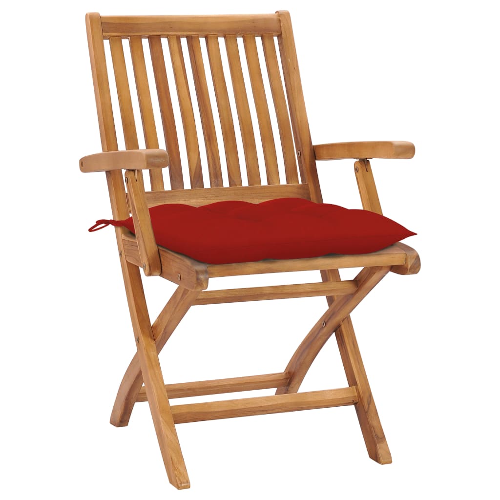 vidaXL Záhradné stoličky 2 ks, červené podložky, tíkový masív