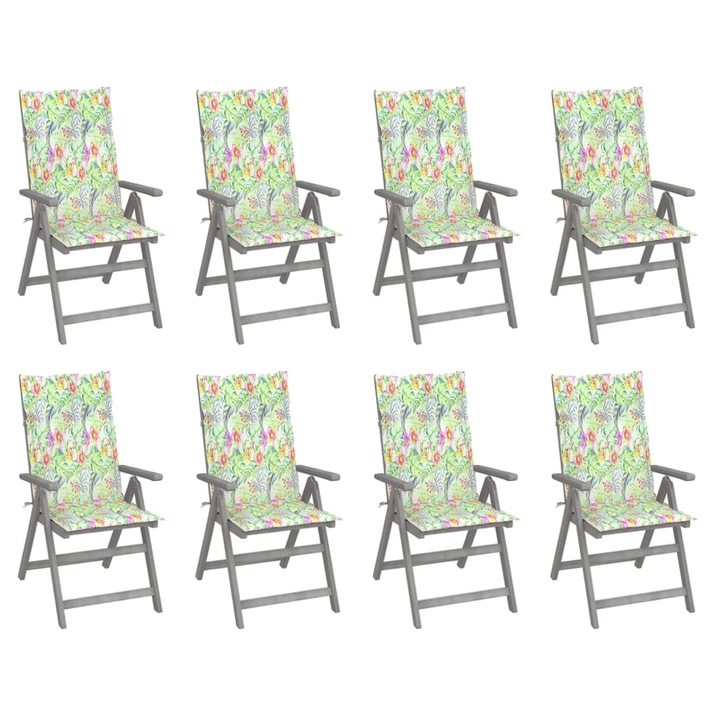 vidaXL Záhradné sklápacie stoličky+podložky 8 ks, sivé, akáciové drevo