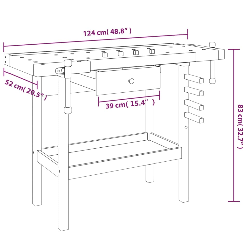 vidaXL Pracovný stôl so zásuvkou a zverákmi 124x52x83cm akáciový masív