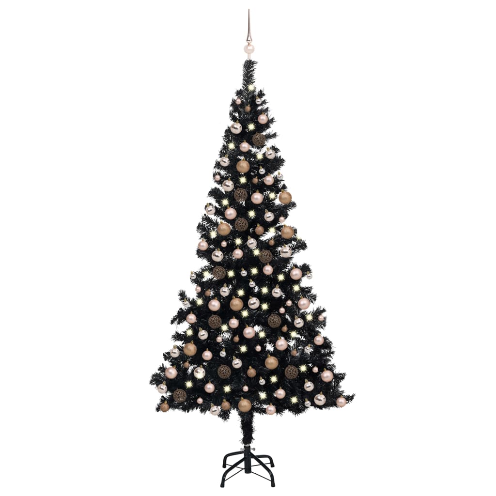 vidaXL Osvetlený umelý vianočný stromček s guľami, čierny 210 cm, PVC