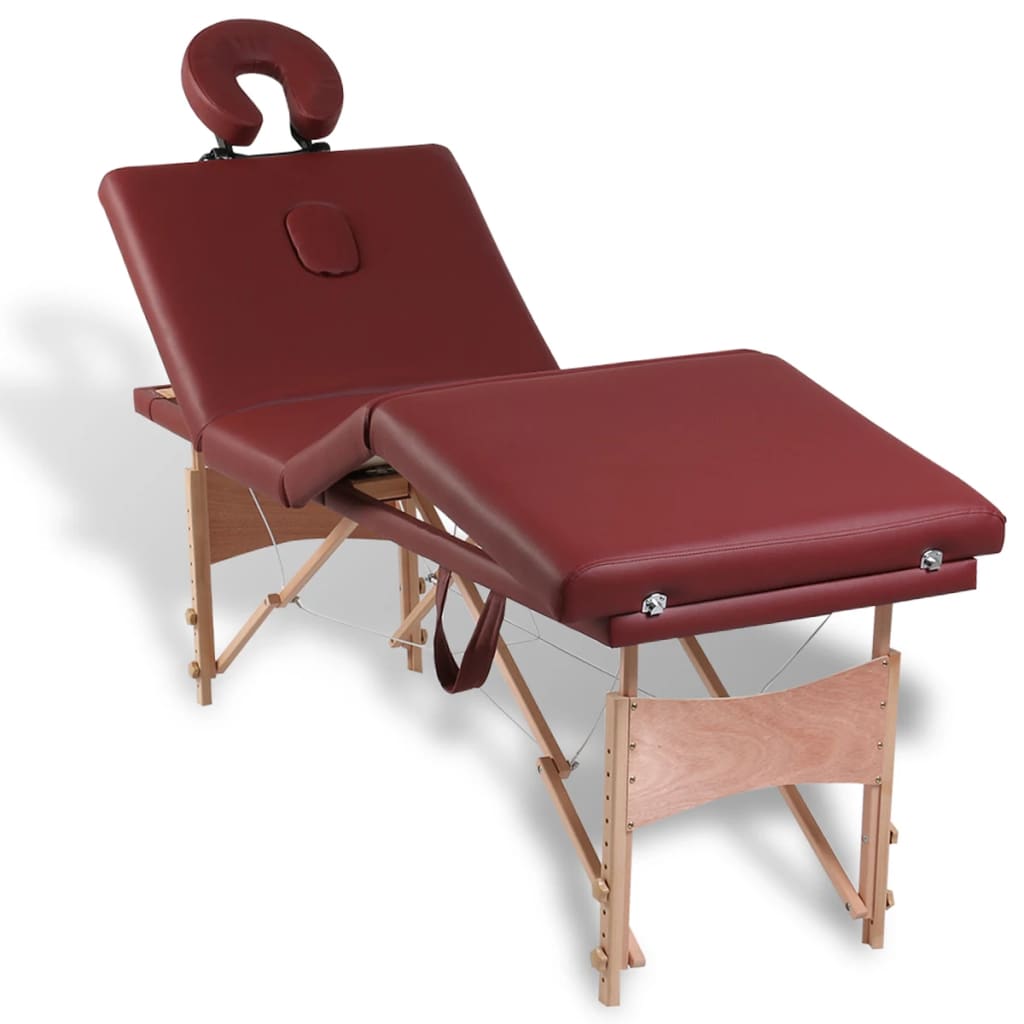 Červený skladací masážny stôl so 4 zónami a dreveným rámom