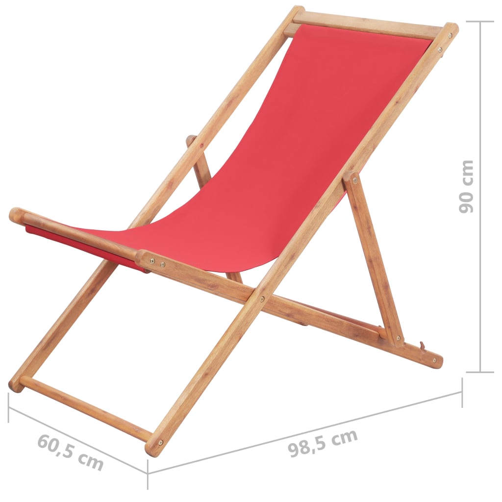 vidaXL Skladacie plážové kreslo, látka a drevený rám, červené