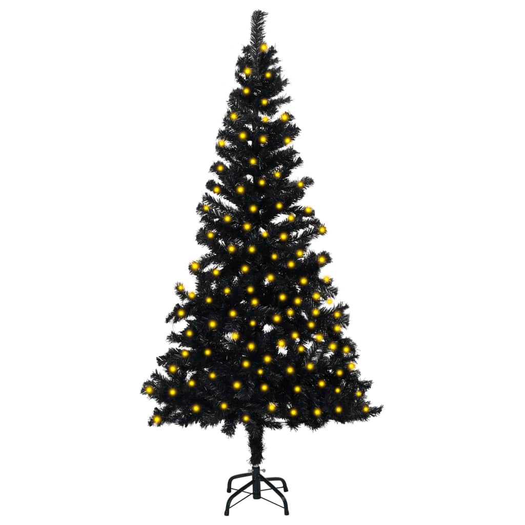 vidaXL Osvetlený umelý vianočný stromček+stojan, čierny 150 cm, PVC
